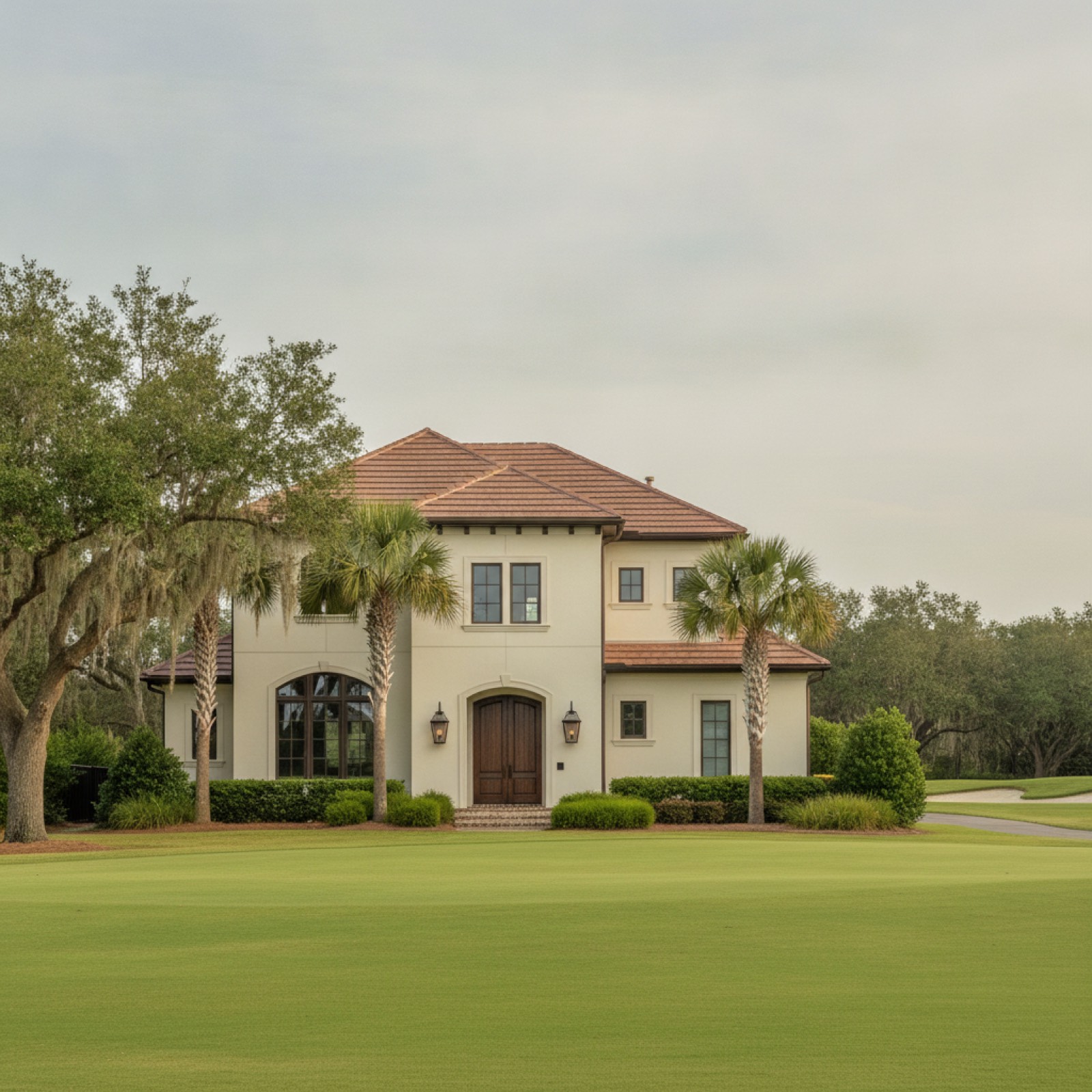 Coastal stucco home in Wilmington NC with palm trees and clean white EIFS cladding